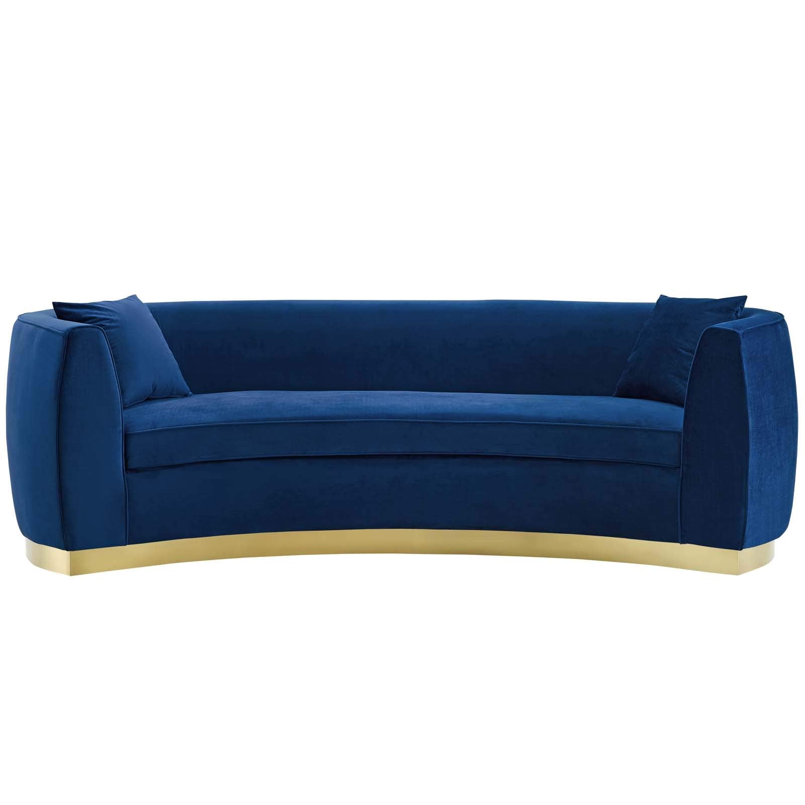 sofas | CasaFoyer Resolute Curved Sofa | Vintage Glamour | Stain-Resistant Velvet | Comfortable Foam Padding | Gold Stainless Steel Base | Fully Assembled | 2 Accent Pillows | casafoyer.myshopify.com