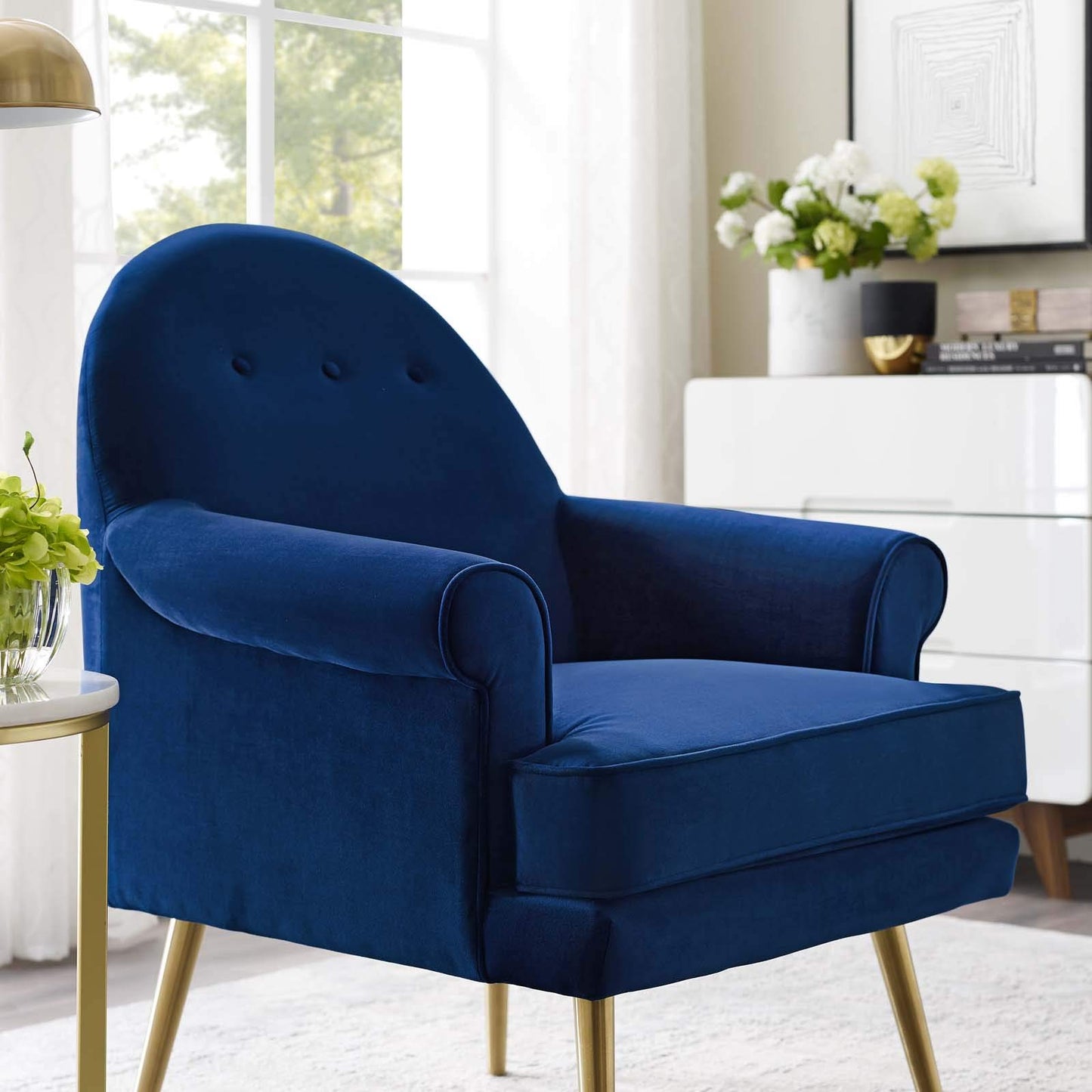 home office desk chairs | CasaFoyer Revive Accent Armchair | Vintage Glam Design | Stain-Resistant Velvet | Comfortable Foam Padding | Gold Stainless Steel Legs | Navy | casafoyer.myshopify.com