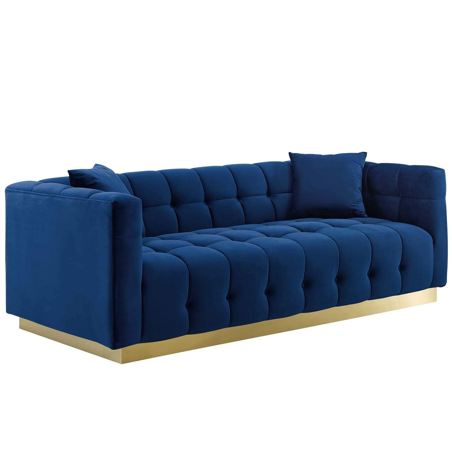 sofas | CasaFoyer Vivacious Sofa | Vintage-Inspired | Tufted Performance Velvet | Gold Stainless Steel Base | Includes Accent Pillows | 900 lb Weight Capacity | Navy | casafoyer.myshopify.com