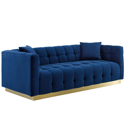 sofas | CasaFoyer Vivacious Sofa | Vintage-Inspired | Tufted Performance Velvet | Gold Stainless Steel Base | Includes Accent Pillows | 900 lb Weight Capacity | Navy | casafoyer.myshopify.com