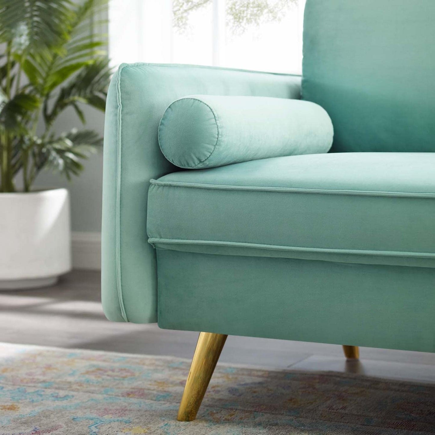 sofas | CasaFoyer Revive Upholstered Performance Velvet Sofa | Comfortable & Elegant Design | Stain-Resistant | Gold Legs | Mint | casafoyer.myshopify.com