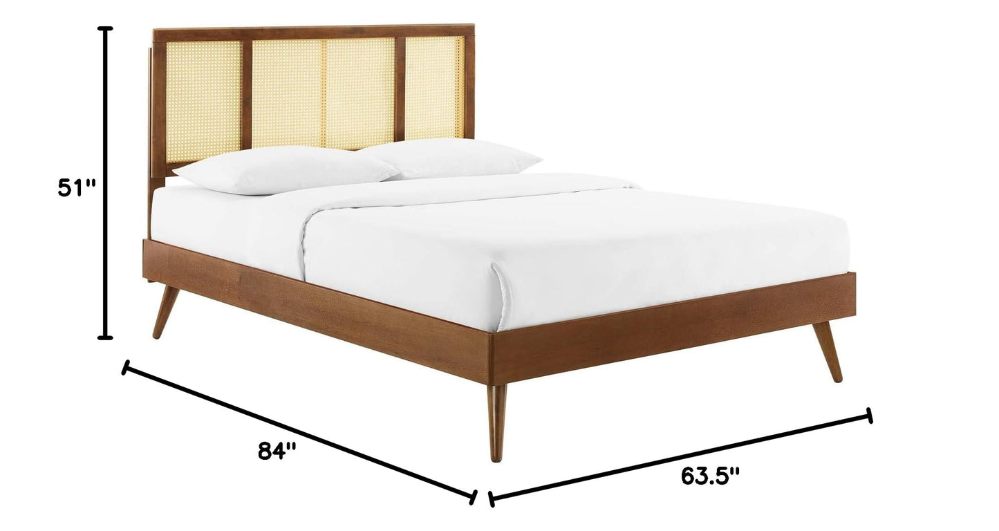Bed | CasaFoyer Kelsea Woven Cane Rattan Wood Queen Platform Bed | Retro Charm & Natural Aesthetics | Sturdy Frame & Splayed Legs | Walnut Finish | casafoyer.myshopify.com