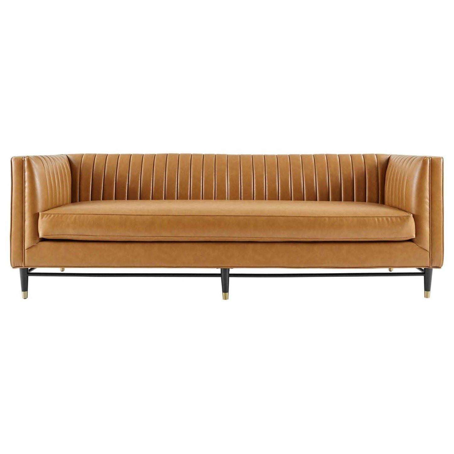 sofas | CasaFoyer Devote Channel Tufted Vegan Leather Sofa | Retro Design | High-Quality Upholstery | Luxurious Seating | Durable Craftsmanship | Black Rubberwood Legs with Gold Sleeves | casafoyer.myshopify.com