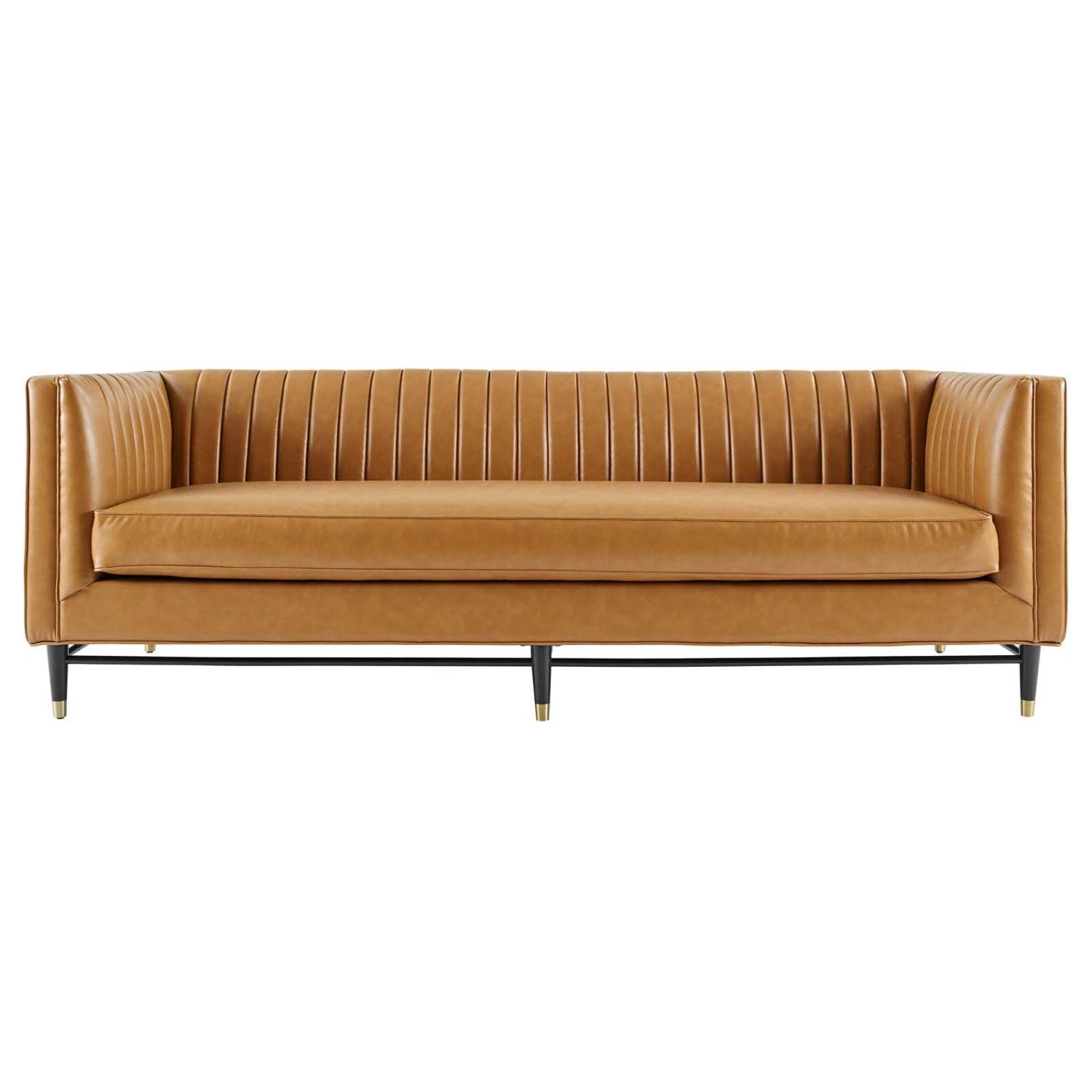 sofas | CasaFoyer Devote Channel Tufted Vegan Leather Sofa | Retro Design | High-Quality Upholstery | Luxurious Seating | Durable Craftsmanship | Black Rubberwood Legs with Gold Sleeves | casafoyer.myshopify.com