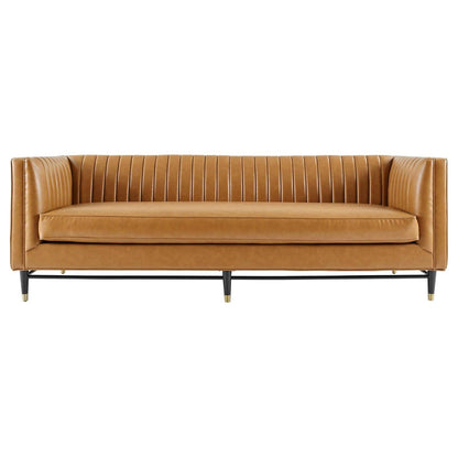sofas | CasaFoyer Devote Channel Tufted Vegan Leather Sofa | Retro Design | High-Quality Upholstery | Luxurious Seating | Durable Craftsmanship | Black Rubberwood Legs with Gold Sleeves | casafoyer.myshopify.com