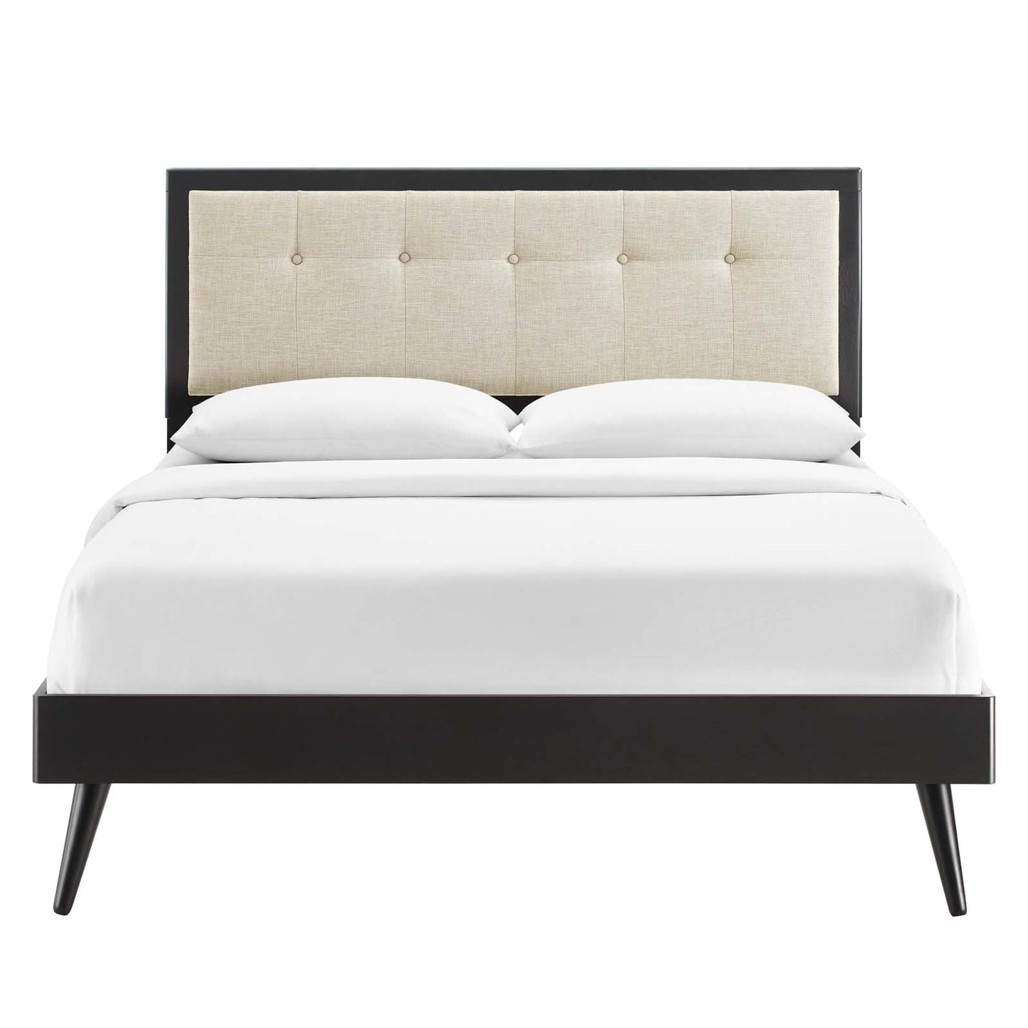 adjustable bed bases | CasaFoyer Willow Tufted Wood King Platform Bed | Modern Retro Design | Wood Frame | Button Tufted Headboard | Durable Construction | No Box Spring Needed | Accommodates Various Mattresses | Easy Assembly | Black Beige | casafoyer.myshopify.com