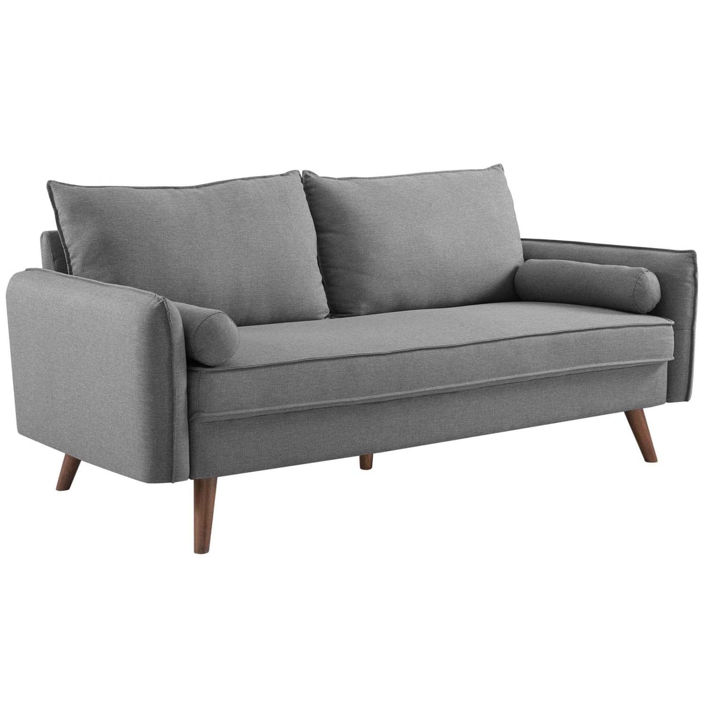 sofas | CasaFoyer Revive Sofa | Cozy & Stylish Upholstered Fabric | Bolster Pillows | Splayed Wood Legs | Light Gray | casafoyer.myshopify.com
