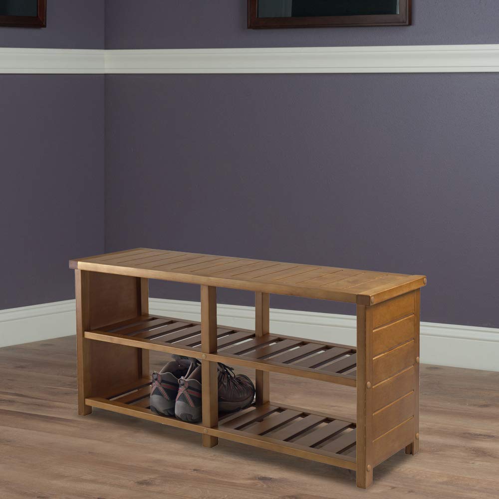 BENCH | Ergode Keystone Shoe Bench | Shoe Organizer with Top Seat & Divided Shelves | Teak Finish | 38.43W x 11.81D x 18.27H | 200 lbs Capacity | casafoyer.myshopify.com