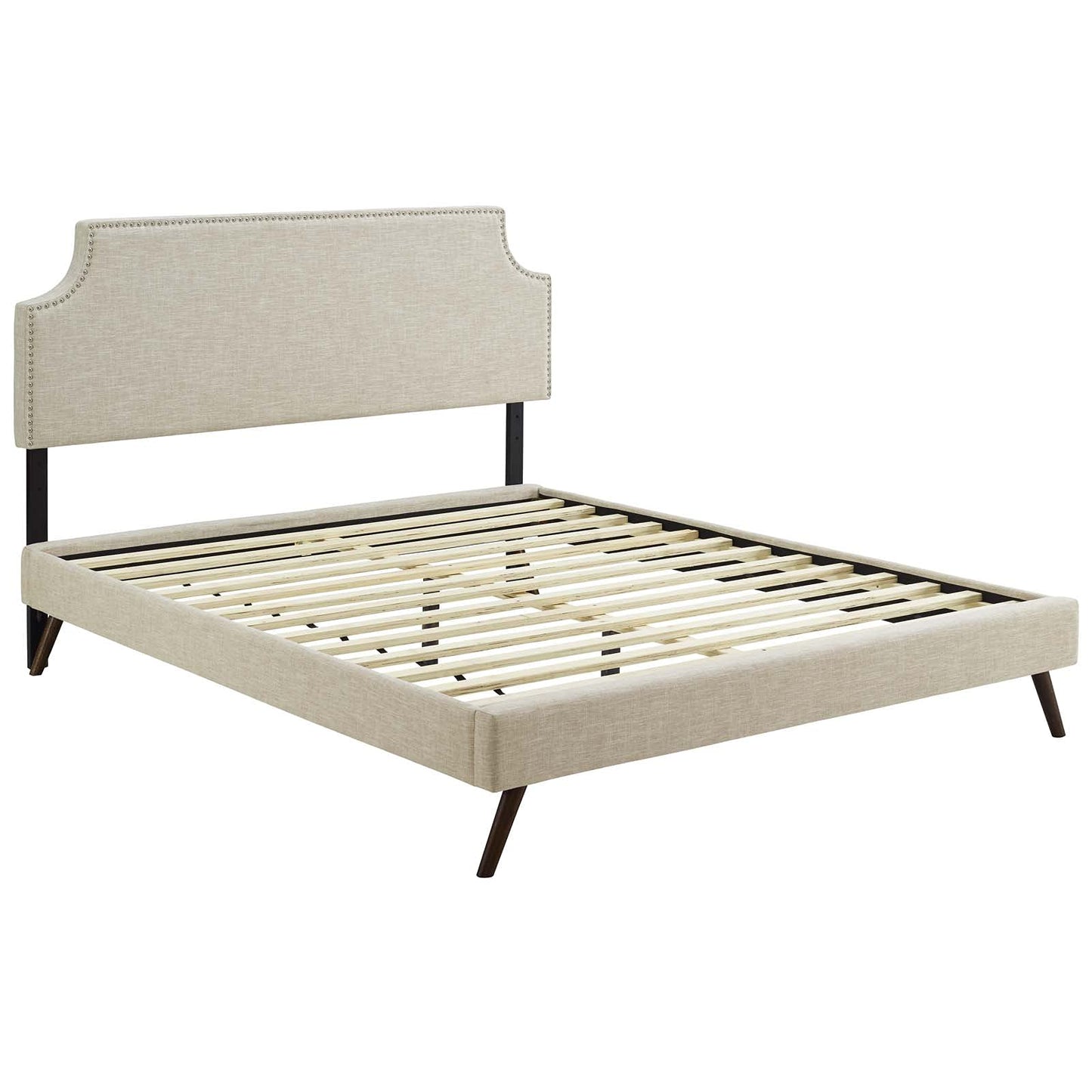 Bed | CasaFoyer Corene Platform Bed | Solid Wood Frame | Polyester Upholstery | Tapered Legs | No Box Spring Needed | Queen Size | Beige | casafoyer.myshopify.com