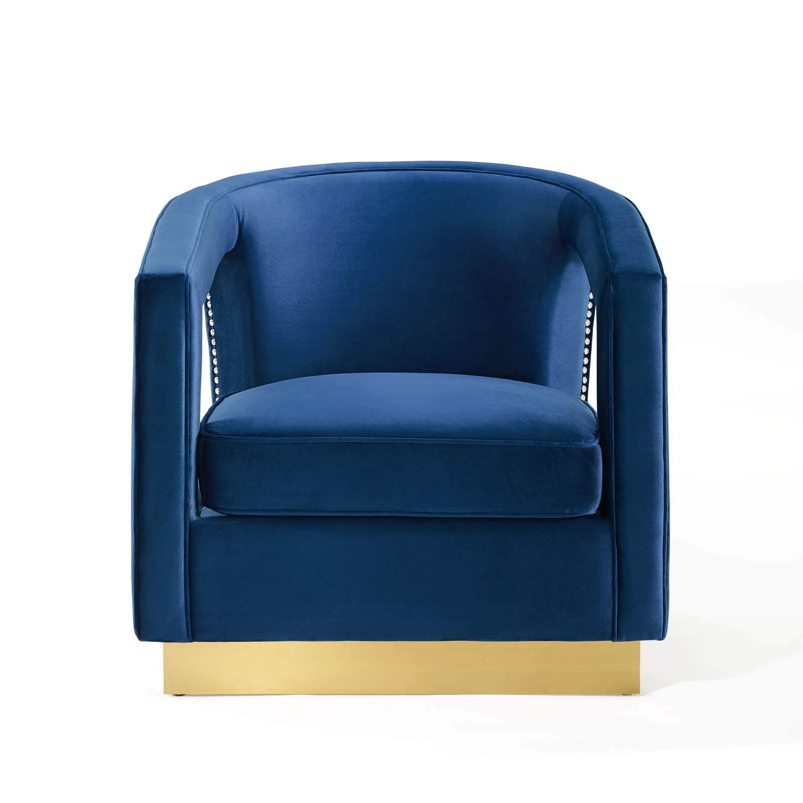 home office desk chairs | CasaFoyer Frolick Performance Velvet Accent Armchair | Stain-Resistant Upholstery | Gold Nailhead Trim | Matte Gold Base | Versatile & Elegant | Supports up to 300 lbs. | casafoyer.myshopify.com