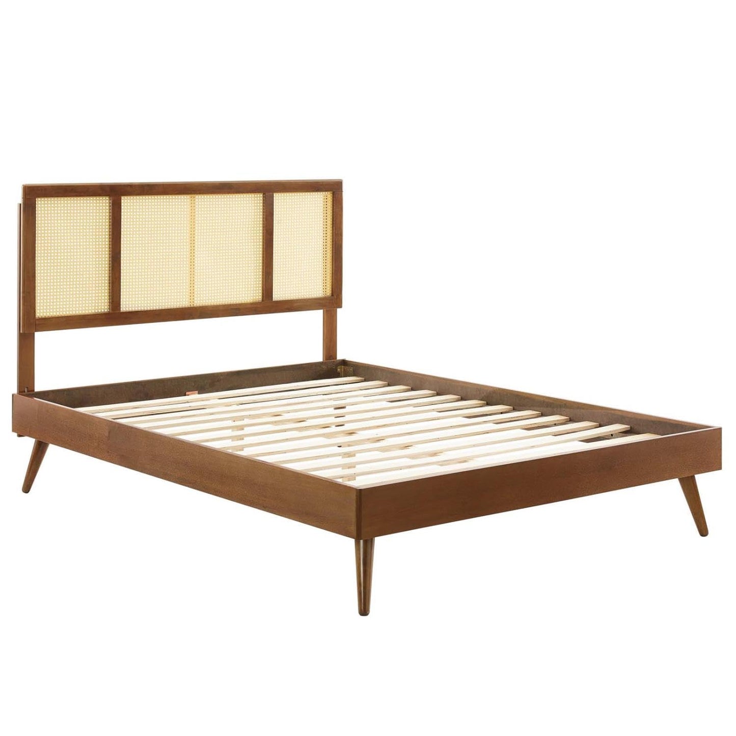 Bed | CasaFoyer Kelsea Woven Cane Rattan Wood Queen Platform Bed | Retro Charm & Natural Aesthetics | Sturdy Frame & Splayed Legs | Walnut Finish | casafoyer.myshopify.com