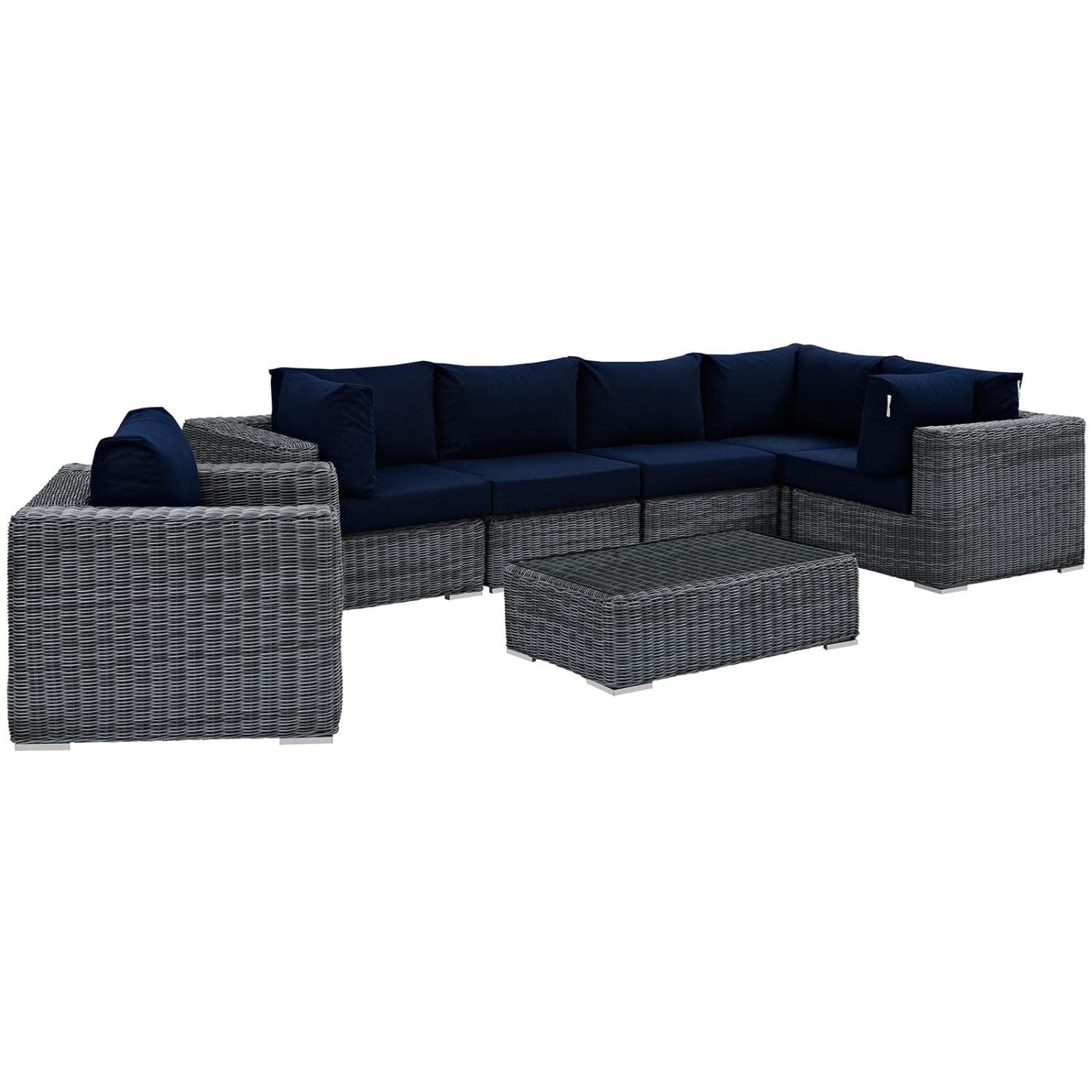 kitchen and dining room sets | CasaFoyer Summon Outdoor Patio Sectional Sofa Set | Two-Tone Rattan | Sunbrella Cushions | Aluminum Frame | Coffee Table | 7 Piece | Canvas Navy | casafoyer.myshopify.com
