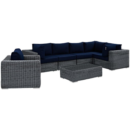 kitchen and dining room sets | CasaFoyer Summon Outdoor Patio Sectional Sofa Set | Two-Tone Rattan | Sunbrella Cushions | Aluminum Frame | Coffee Table | 7 Piece | Canvas Navy | casafoyer.myshopify.com