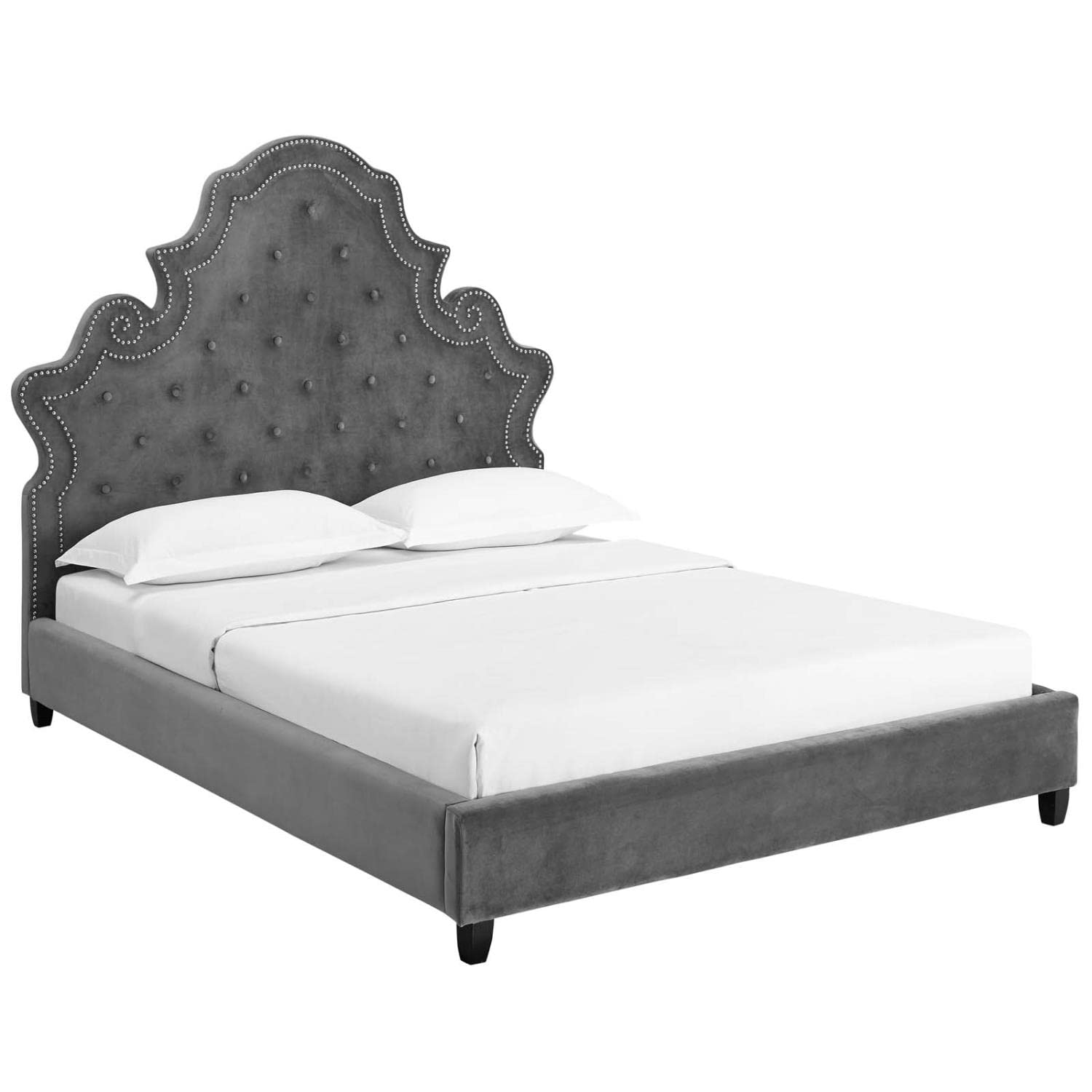 adjustable bed bases | CasaFoyer Valentina Performance Velvet Tufted Nailhead Queen Platform Bed | Elegant Gray Upholstery | Stain-Resistant Fabric | Foam Padding | Sturdy Support System | No Box Spring Required | 1322 lbs Weight Capacity | casafoyer.myshopify.com