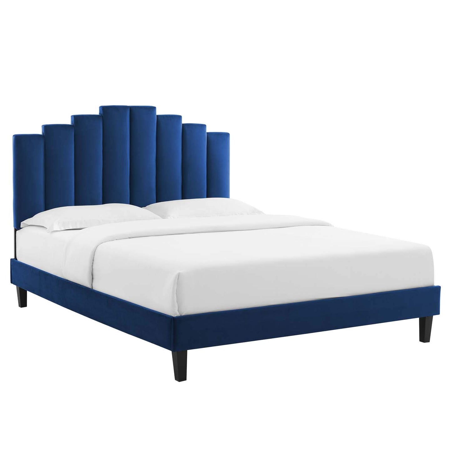 adjustable bed bases | CasaFoyer Elise Performance Velvet Queen Platform Bed | Glamorous Deco Style | Stain-Resistant Velvet Upholstery | Tapered Black Wood Legs | Memory Foam Compatible | Sturdy Construction | Easy Assembly | Navy | casafoyer.myshopify.com