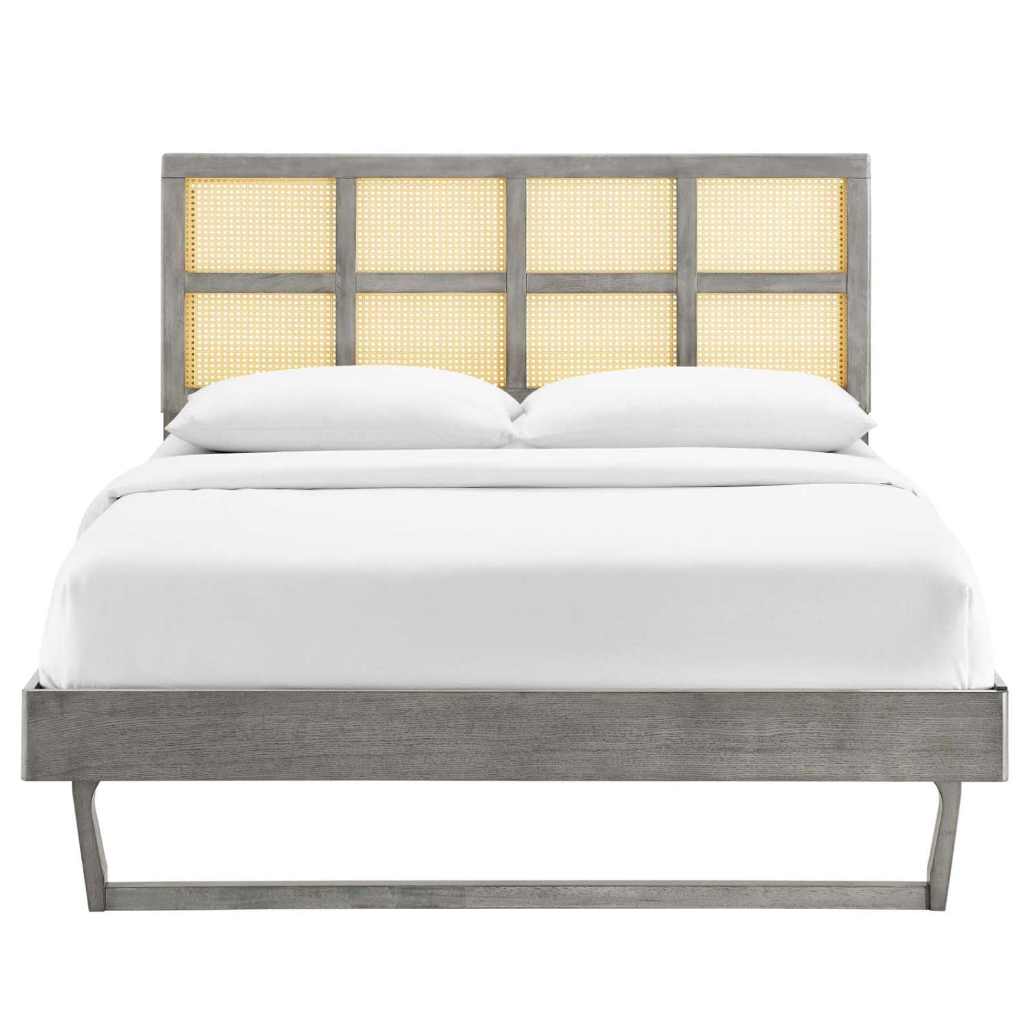Bed | CasaFoyer Sidney Woven Cane Rattan Wood Queen Platform Bed | Retro Charm, Natural Beauty | Mid-Century Design | Durable, No Box Spring Needed | Gray | casafoyer.myshopify.com
