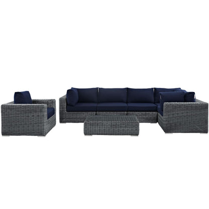 kitchen and dining room sets | CasaFoyer Summon Outdoor Patio Sectional Sofa Set | Two-Tone Rattan | Sunbrella Cushions | Aluminum Frame | Coffee Table | 7 Piece | Canvas Navy | casafoyer.myshopify.com