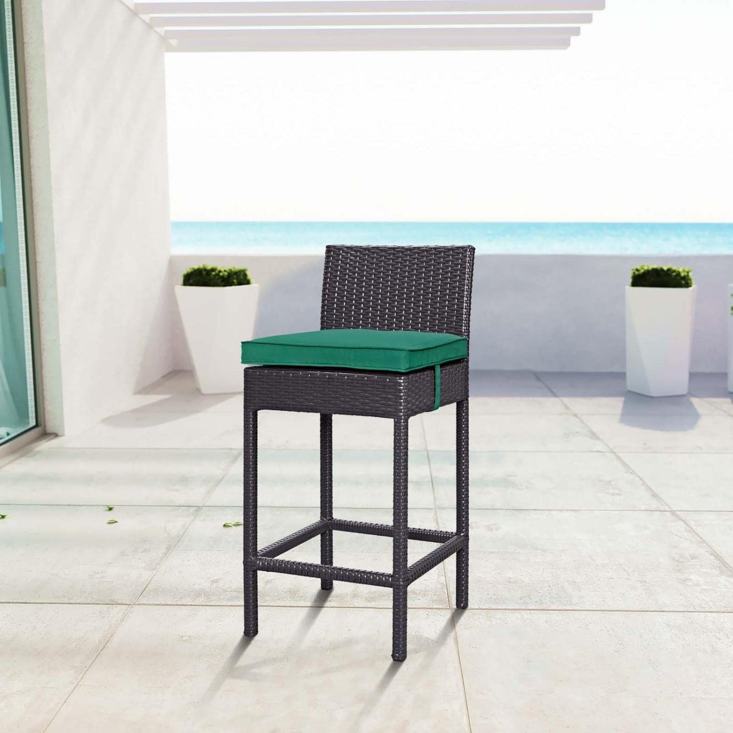 STOOL_SEATING | Convene Outdoor Bar Stool | Durable Rattan Weave | Weather-Resistant Cushions | Espresso Green | casafoyer.myshopify.com