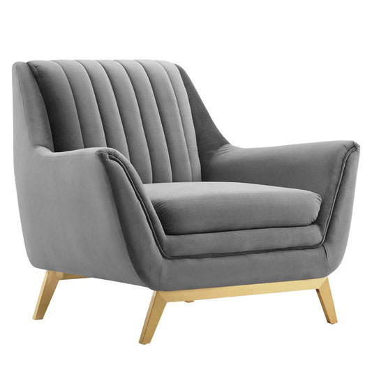 home office desk chairs | CasaFoyer Winsome Channel Tufted Performance Velvet Armchair | Elegant Vintage Design | Stain-Resistant | Comfortable | Gold Accents | Flared Silhouette | Gray | casafoyer.myshopify.com