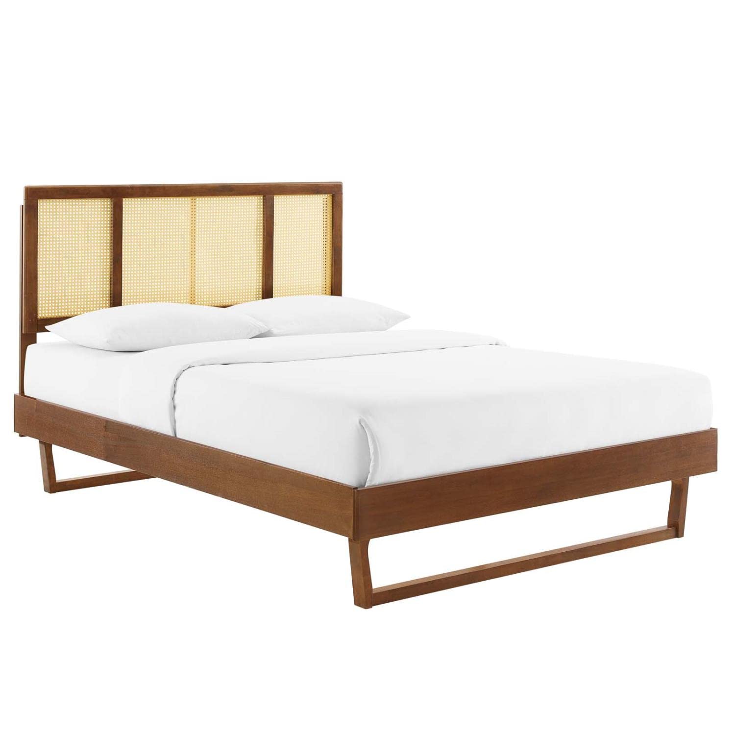 Bed | CasaFoyer Kelsea Woven Cane Rattan Wood Full Platform Bed | Modern Style | Organic Aesthetics | Durable Construction | No Box Spring Needed | Walnut | casafoyer.myshopify.com