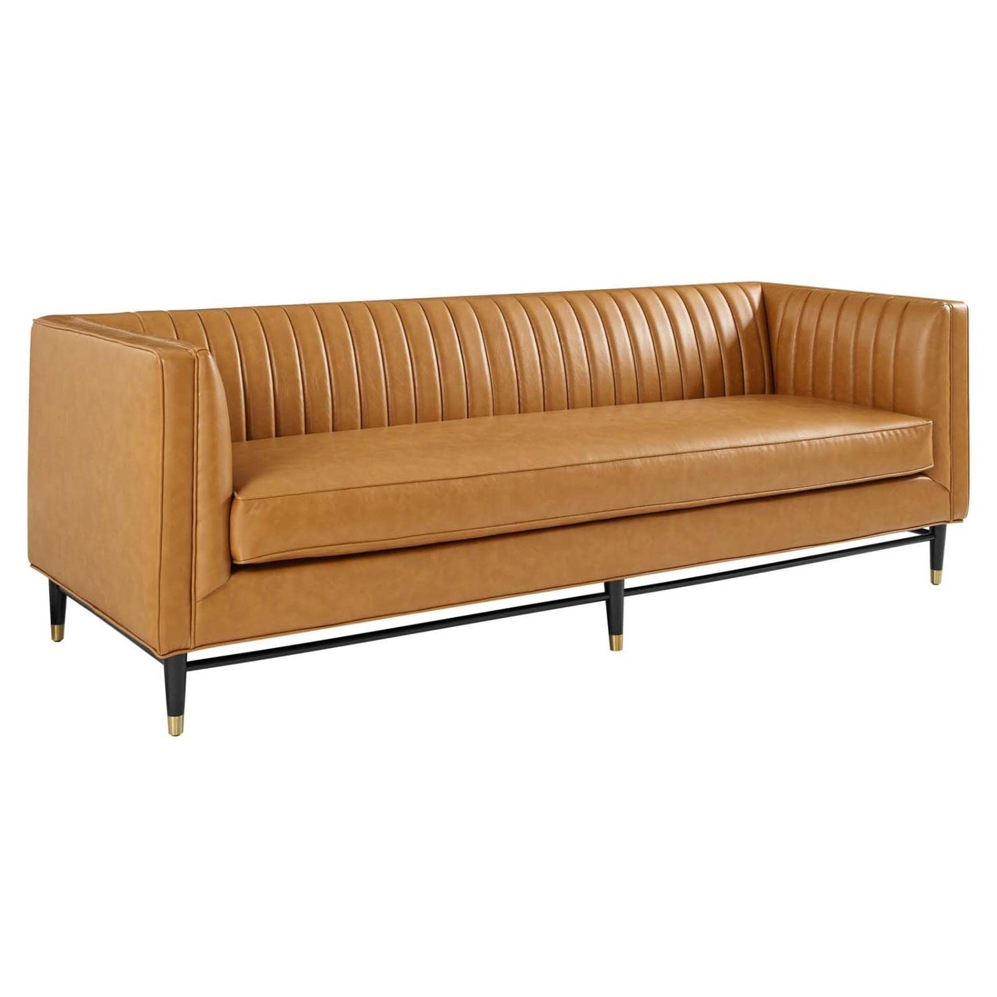 sofas | CasaFoyer Devote Channel Tufted Vegan Leather Sofa | Retro Design | High-Quality Upholstery | Luxurious Seating | Durable Craftsmanship | Black Rubberwood Legs with Gold Sleeves | casafoyer.myshopify.com