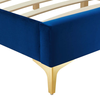 bed frames | CasaFoyer Sutton Performance Velvet Full Bed Frame | Stain-Resistant | Durable | No Box Spring Needed | Gold Metal Legs | Compatible with Various Headboards | Navy | casafoyer.myshopify.com