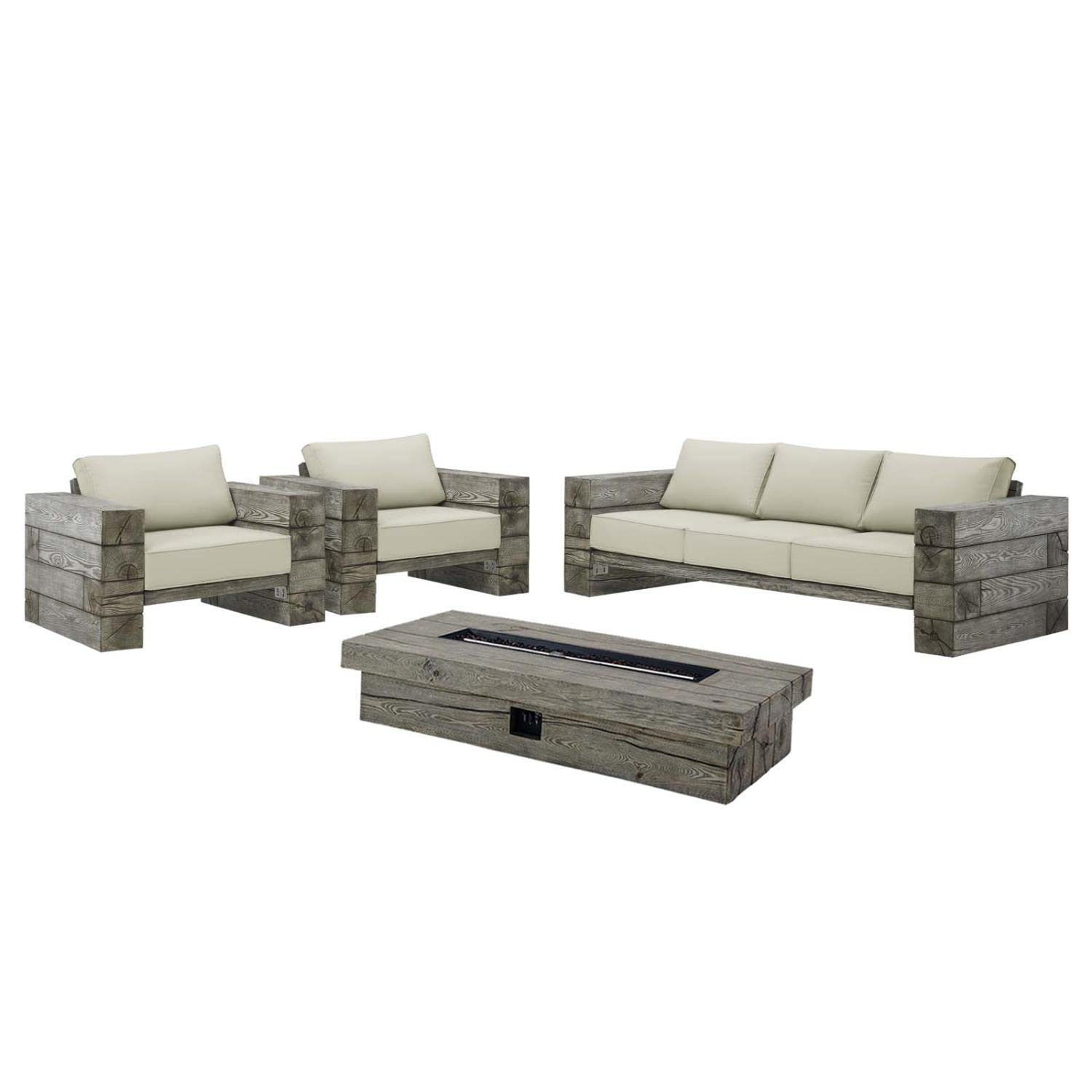 kitchen and dining room sets | CasaFoyer Manteo Outdoor Patio 4 Piece Set | Sofa, Armchairs, Fire Pit Table | Rustic Coastal Design | Driftwood Finish | All-Weather Cushions | Propane Gas Fire Table | PVC Cover Included | Chair Weight Capacity: 441 lbs | Sofa Weight Capacity: 1323 lbs | casafoyer.myshopify.com