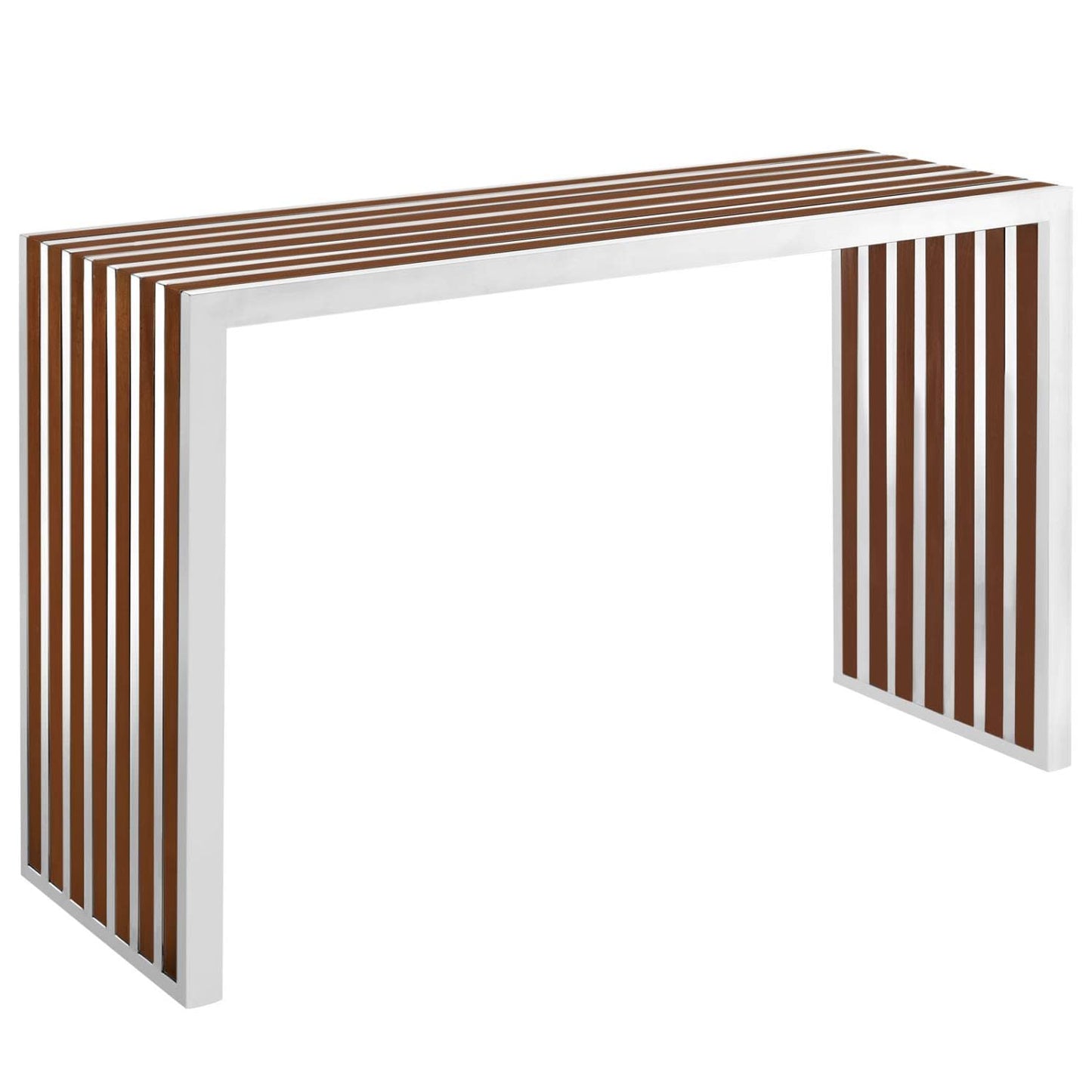 sofa tables | Ergode Gridiron Stainless Steel Console Table | Sophisticated Blend of Steel Tubing & Mahogany Varnished Wood Slats | Perfect for Reception Rooms & Living Areas | casafoyer.myshopify.com