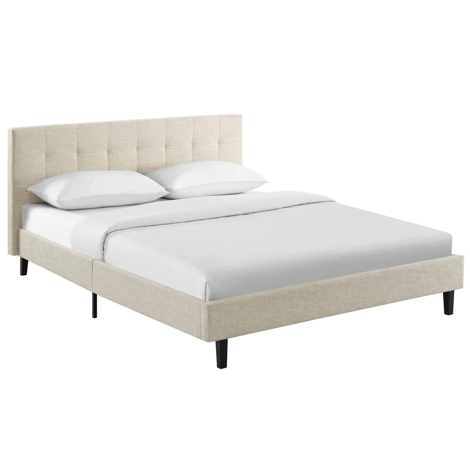 Bed | CasaFoyer  Linnea Platform Bed | Elegant Upholstered Full Bed | Tufted Headboard | Wood Legs | Slatted Support System | Beige | casafoyer.myshopify.com