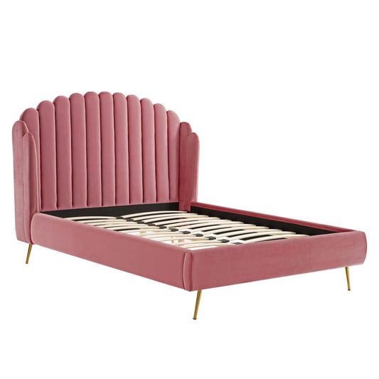 Bed | CasaFoyer Lana Performance Velvet Queen Platform Bed | Wingback Tufted Design | Stain-Resistant Velvet Upholstery | Gold Metal Legs | Wood Slat Support System | casafoyer.myshopify.com