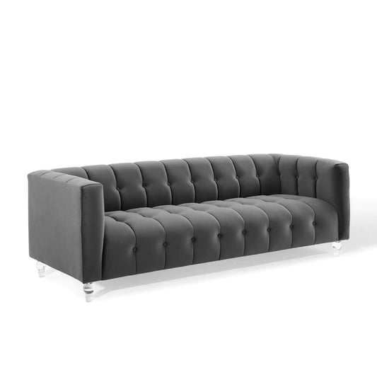 sofas | CasaFoyer Mesmer Channel Tufted Button Performance Velvet Upholstered Sofa | Vintage Glamour | Stain-Resistant | Premium Seating | Charcoal | casafoyer.myshopify.com