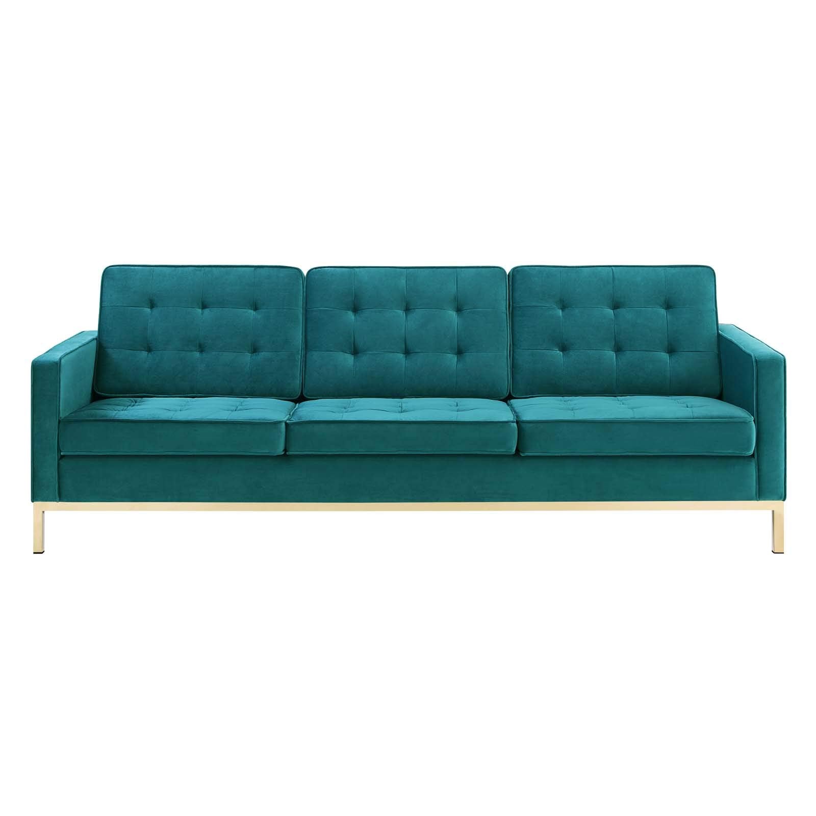 sofas | CasaFoyer Loft Button Tufted Performance Velvet Sofa | Gold Teal | Stainless Steel Legs | casafoyer.myshopify.com