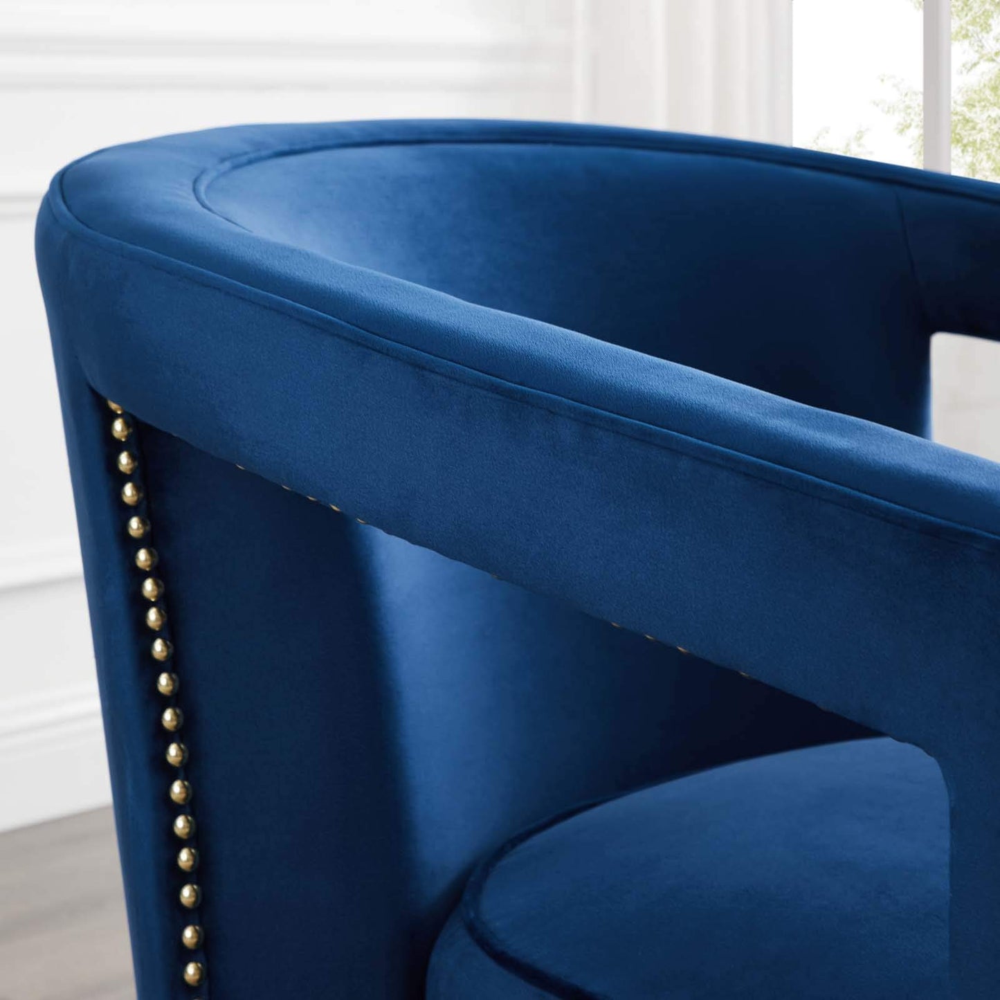 home office desk chairs | CasaFoyer Frolick Performance Velvet Accent Armchair | Stain-Resistant Upholstery | Gold Nailhead Trim | Matte Gold Base | Versatile & Elegant | Supports up to 300 lbs. | casafoyer.myshopify.com