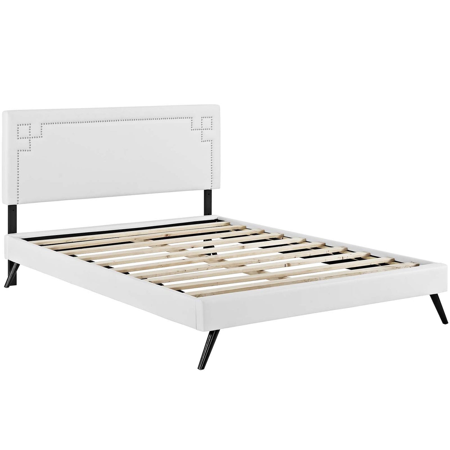 Bed | CasaFoyer Ruthie Platform Bed | Solid Wood Frame | Vinyl Upholstery | Tapered Legs | Stable & Stylish | No Box Spring Needed | Queen Size, White | casafoyer.myshopify.com