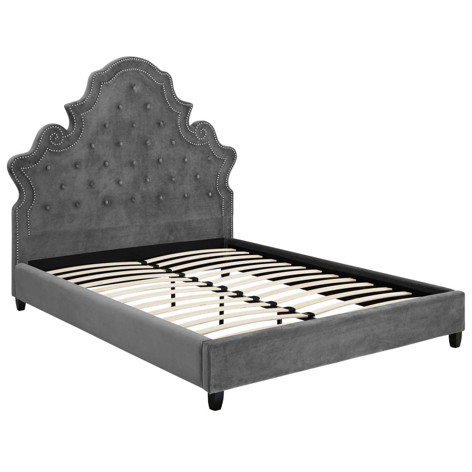 adjustable bed bases | CasaFoyer Valentina Performance Velvet Tufted Nailhead Queen Platform Bed | Elegant Gray Upholstery | Stain-Resistant Fabric | Foam Padding | Sturdy Support System | No Box Spring Required | 1322 lbs Weight Capacity | casafoyer.myshopify.com