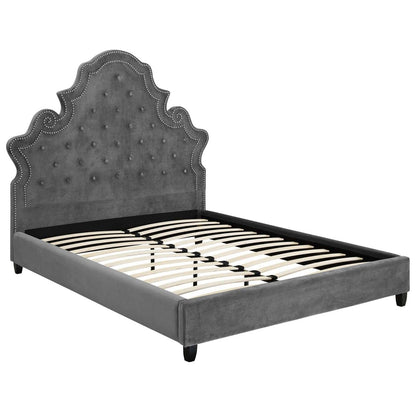 adjustable bed bases | CasaFoyer Valentina Performance Velvet Tufted Nailhead Queen Platform Bed | Elegant Gray Upholstery | Stain-Resistant Fabric | Foam Padding | Sturdy Support System | No Box Spring Required | 1322 lbs Weight Capacity | casafoyer.myshopify.com
