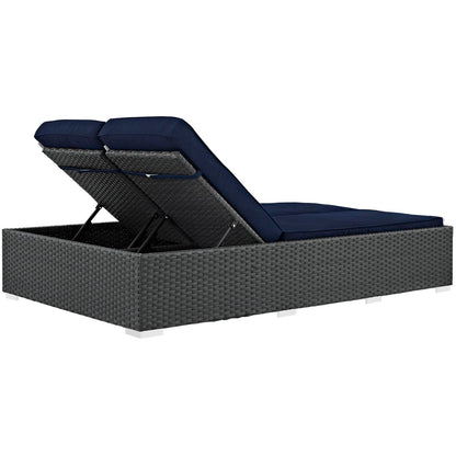Patio Furniture Sets | Sojourn Outdoor Patio Double Chaise Lounge Chair | Sunbrella Fabric | UV Protection | Powder-Coated Aluminum Frame | Chocolate Navy | casafoyer.myshopify.com