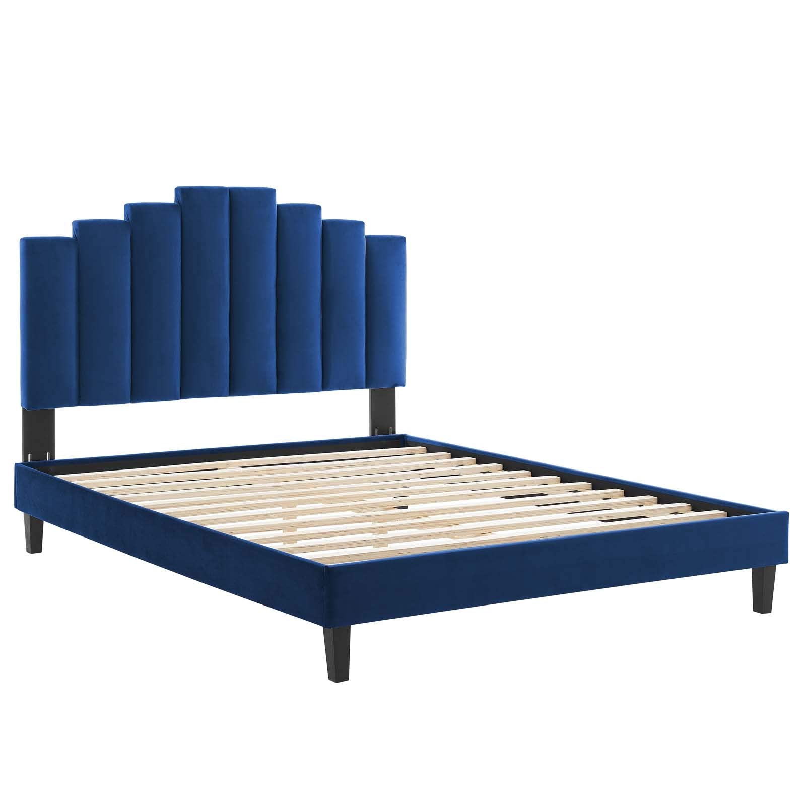 adjustable bed bases | CasaFoyer Elise Performance Velvet Queen Platform Bed | Glamorous Deco Style | Stain-Resistant Velvet Upholstery | Tapered Black Wood Legs | Memory Foam Compatible | Sturdy Construction | Easy Assembly | Navy | casafoyer.myshopify.com