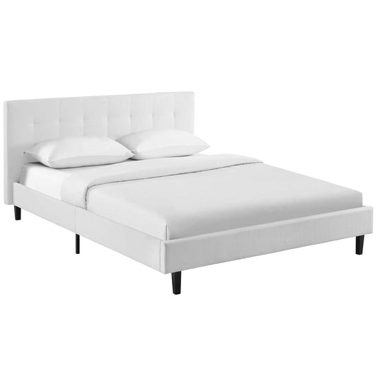 Bed | CasaFoyer Linnea Platform Bed | Elegant Upholstered Queen Bed with Tufted Headboard | Solid Wood Legs | Slatted Support System | White | casafoyer.myshopify.com