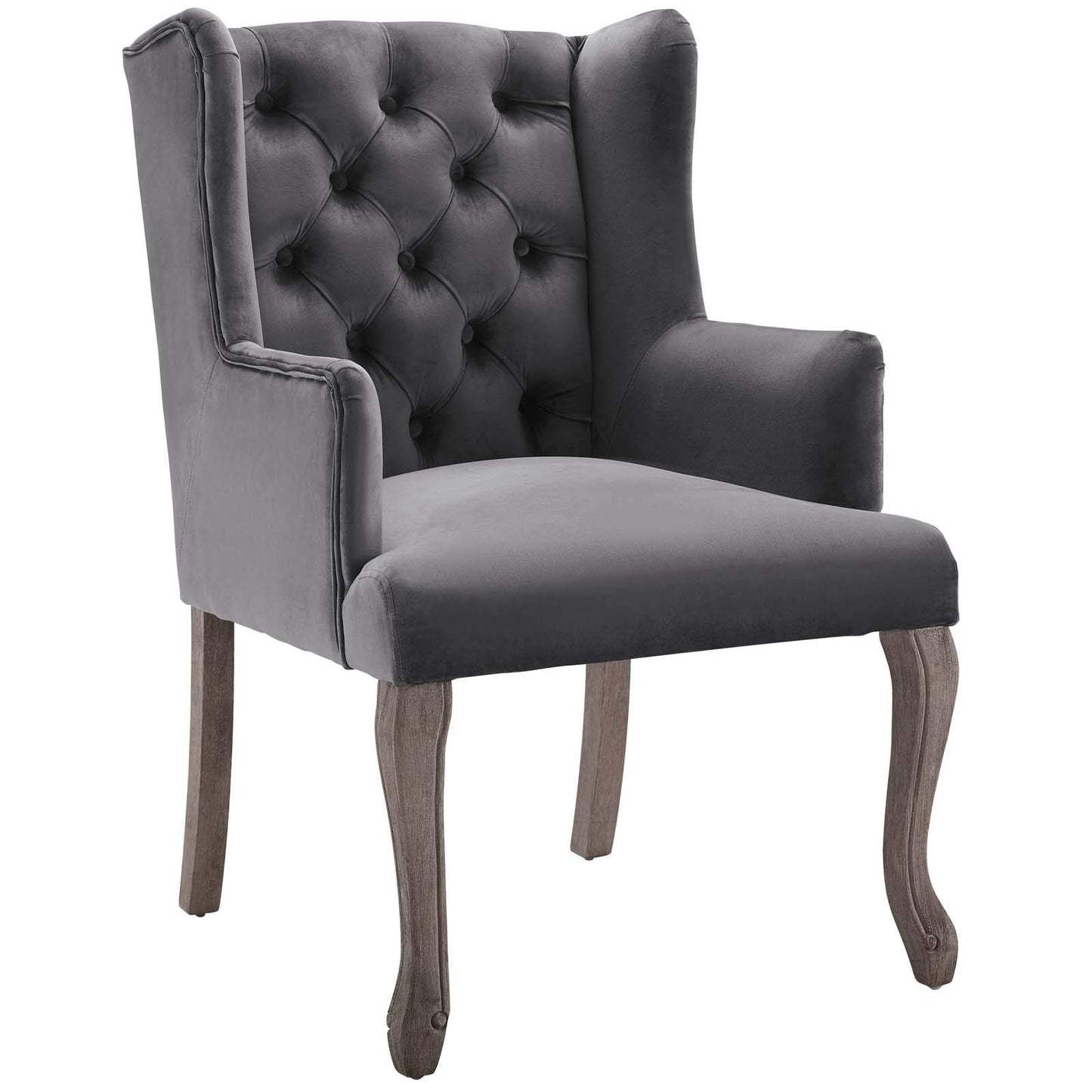 home office desk chairs | CasaFoyer Realm French Vintage Performance Velvet Dining Armchair | Elegant Design | Comfortable & Stain-Resistant Upholstery | Weathered Wood Legs | Wingback Silhouette | Gray | casafoyer.myshopify.com