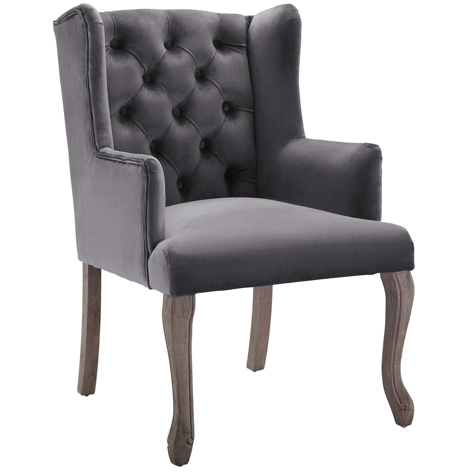 home office desk chairs | CasaFoyer Realm French Vintage Performance Velvet Dining Armchair | Elegant Design | Comfortable & Stain-Resistant Upholstery | Weathered Wood Legs | Wingback Silhouette | Gray | casafoyer.myshopify.com