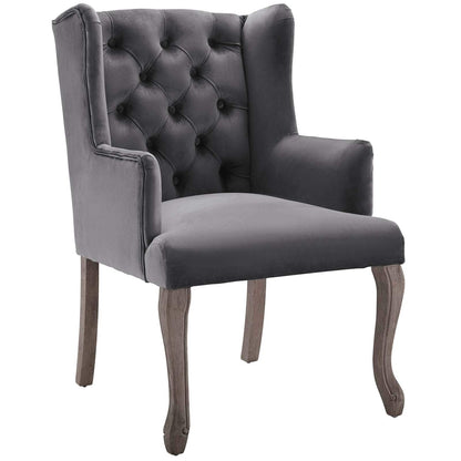 home office desk chairs | CasaFoyer Realm French Vintage Performance Velvet Dining Armchair | Elegant Design | Comfortable & Stain-Resistant Upholstery | Weathered Wood Legs | Wingback Silhouette | Gray | casafoyer.myshopify.com