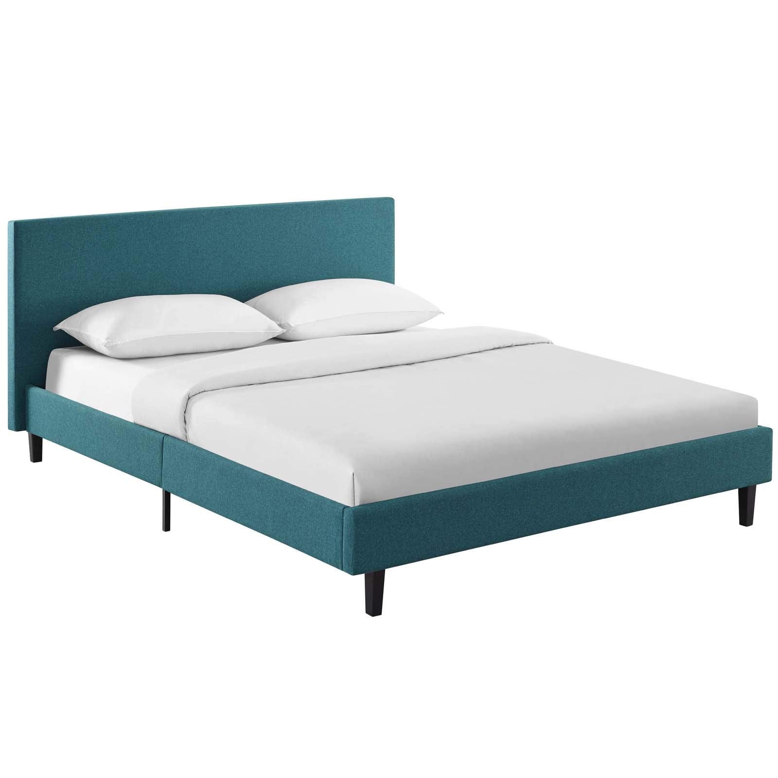 Bed | CasaFoyer Anya Platform Bed | Contemporary Design | Upholstered Polyester Fabric | Solid Wood Legs | Slatted Support System | Full Size Bed | Teal | casafoyer.myshopify.com