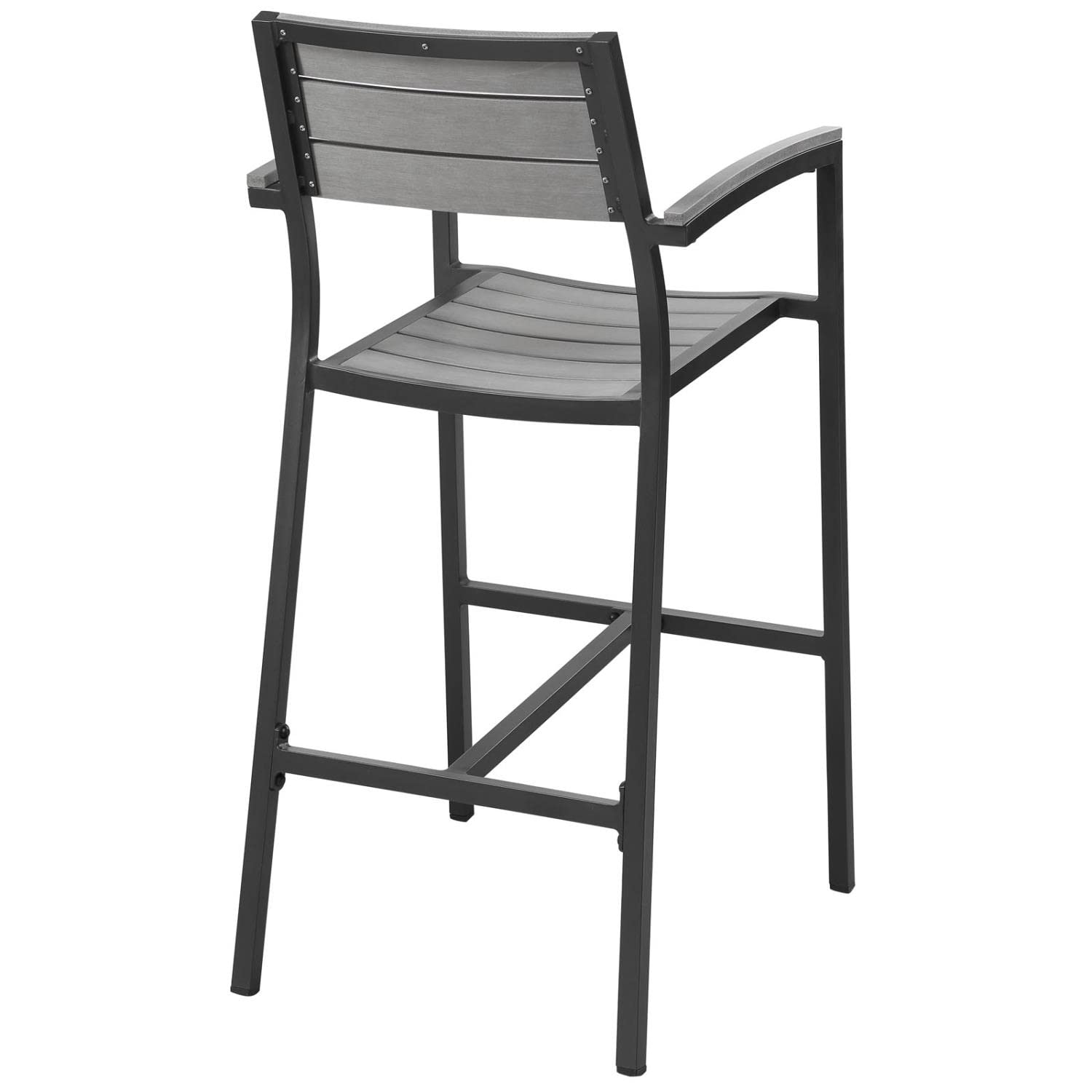 Dining Table | Maine Outdoor Patio Bar Furniture Collection | Modern Design | Synthetic Wood Grain Plank Boards | Aluminum Frame | Ideal for Contemporary Outdoor Dining | Includes 4 Bar Stools & 1 Bar Table | casafoyer.myshopify.com