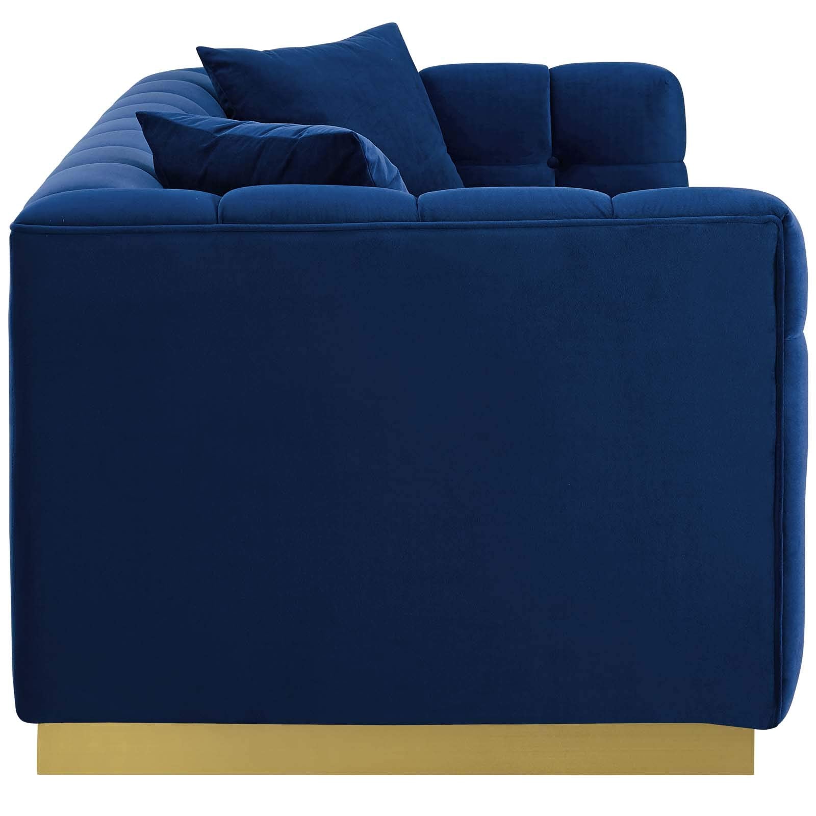sofas | CasaFoyer Vivacious Sofa | Vintage-Inspired | Tufted Performance Velvet | Gold Stainless Steel Base | Includes Accent Pillows | 900 lb Weight Capacity | Navy | casafoyer.myshopify.com