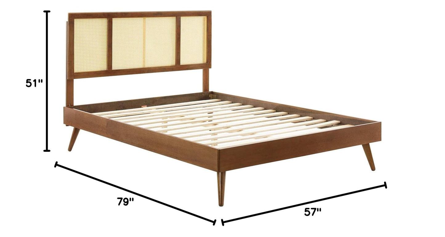 Bed | CasaFoyer Kelsea Woven Cane Rattan Wood Full Platform Bed | Modern Style | Natural Wood | Splayed Legs | Walnut Finish | Supports Various Mattress Types | 601 lbs Weight Capacity | casafoyer.myshopify.com