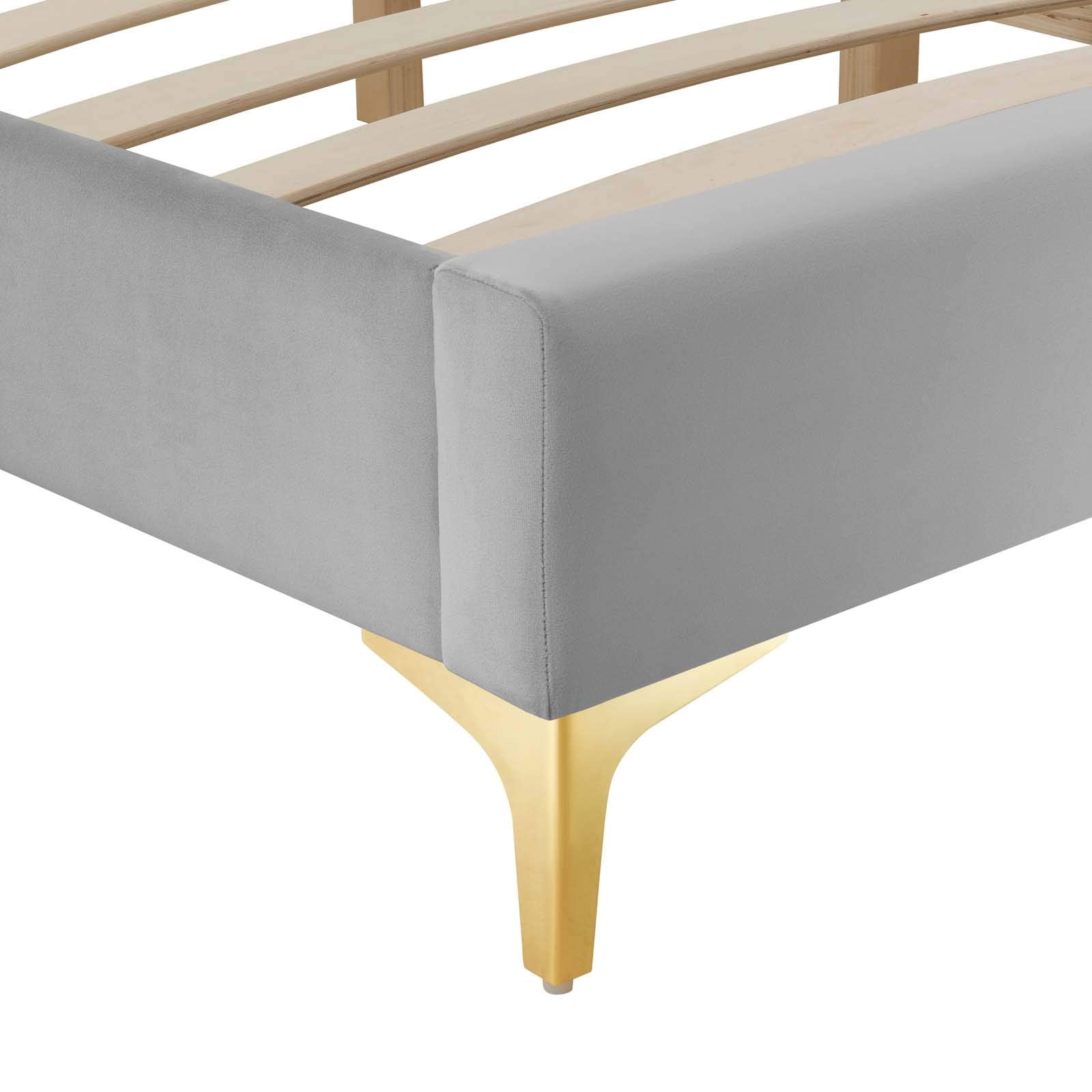 bed frames | CasaFoyer Sutton Performance Velvet Twin Bed Frame | Stain-Resistant | Durable | No Box Spring Needed | Gold Metal Legs | Compatible with Various Headboards | Light Gray | casafoyer.myshopify.com