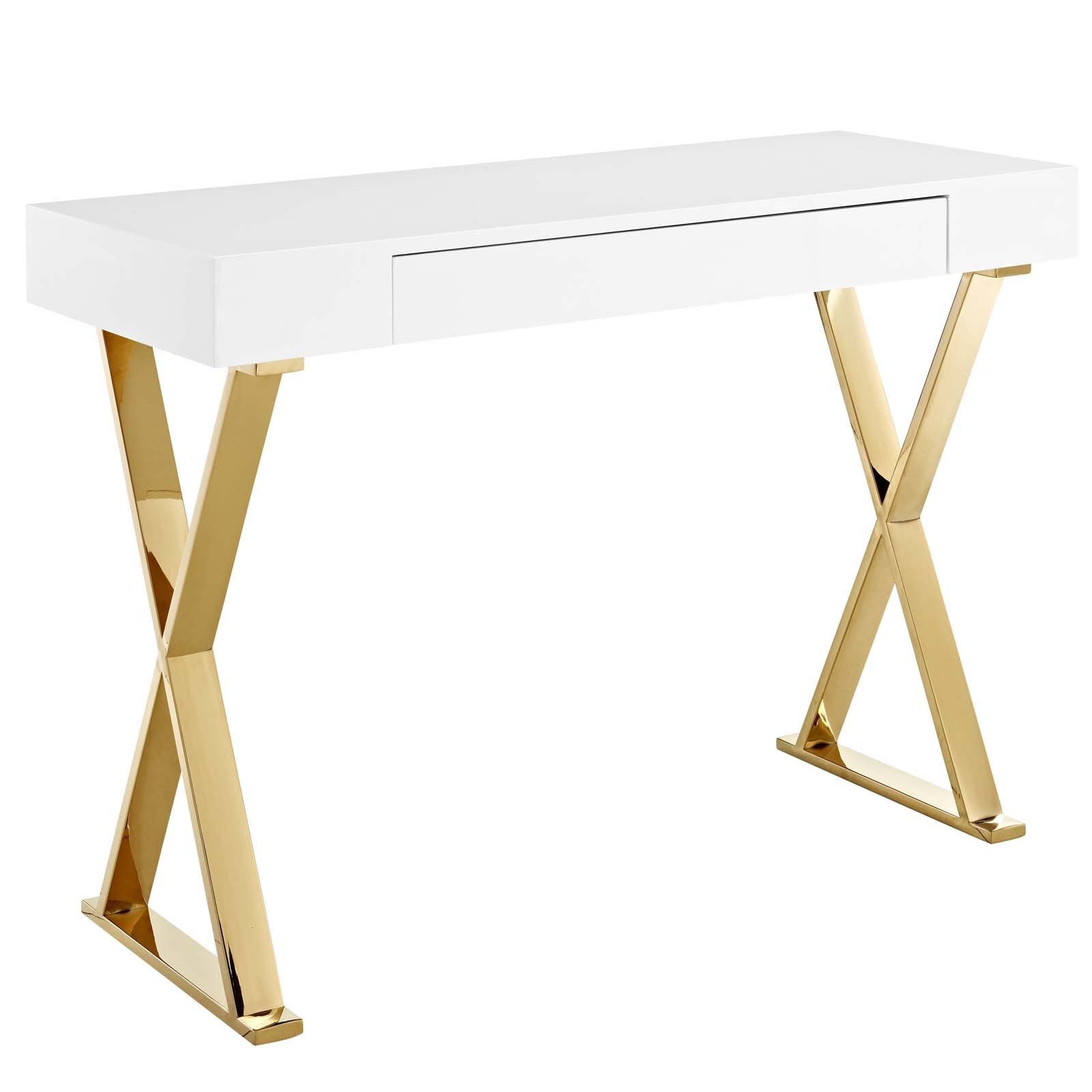 sofa tables | Ergode Sector Gold Stainless Steel X Frame Console Accent Table | Sleek & Versatile Design | Spacious Drawer | Polished Gold Stainless Steel Base | Non-Marking Foot Pads | Ideal for Contemporary Homes & Offices | casafoyer.myshopify.com