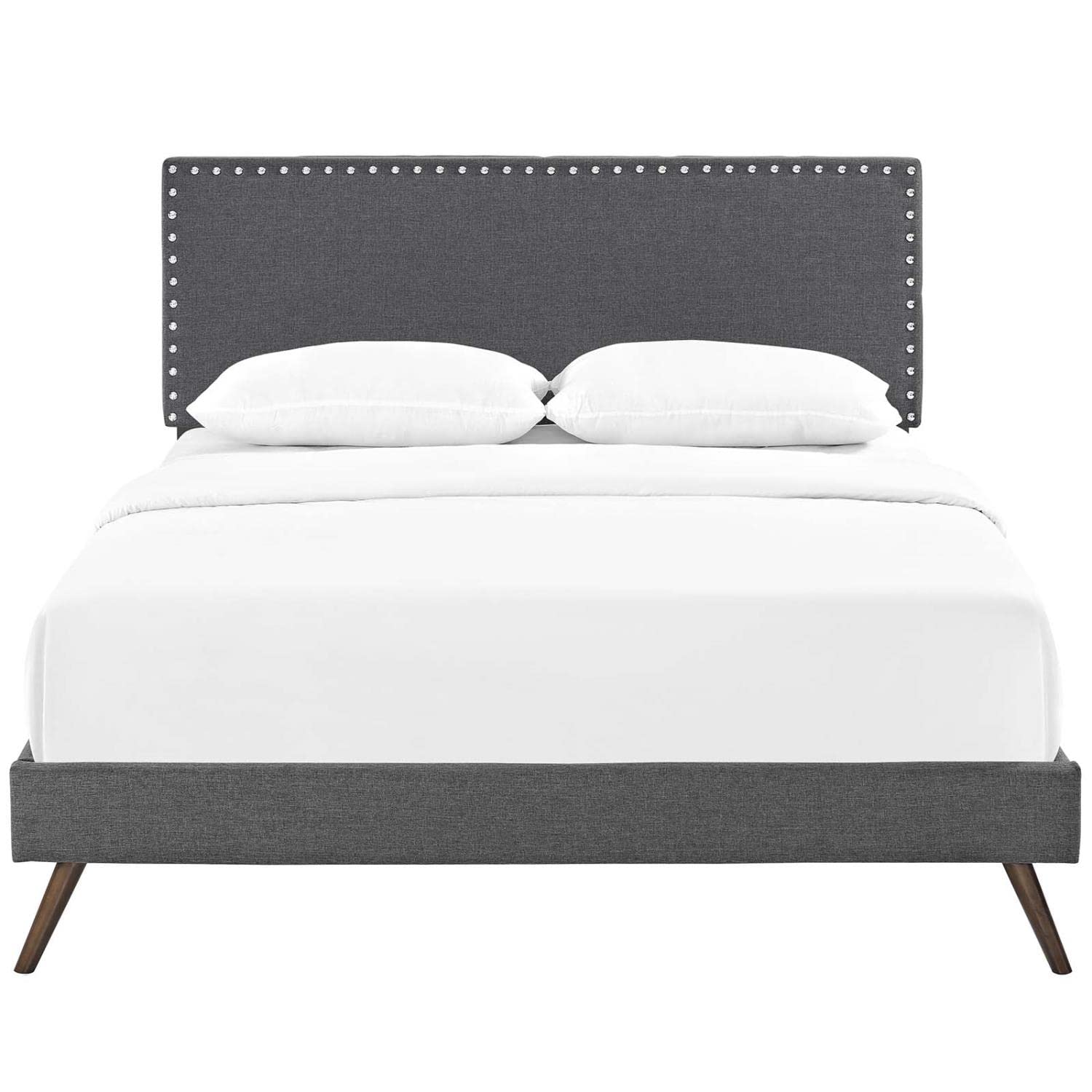 Bed | CasaFoyer  Macie Platform Bed | Solid Wood Frame | Polyester Upholstery | Tapered Legs | Sturdy Slats | No Box Spring Needed | Queen Size | Gray | casafoyer.myshopify.com