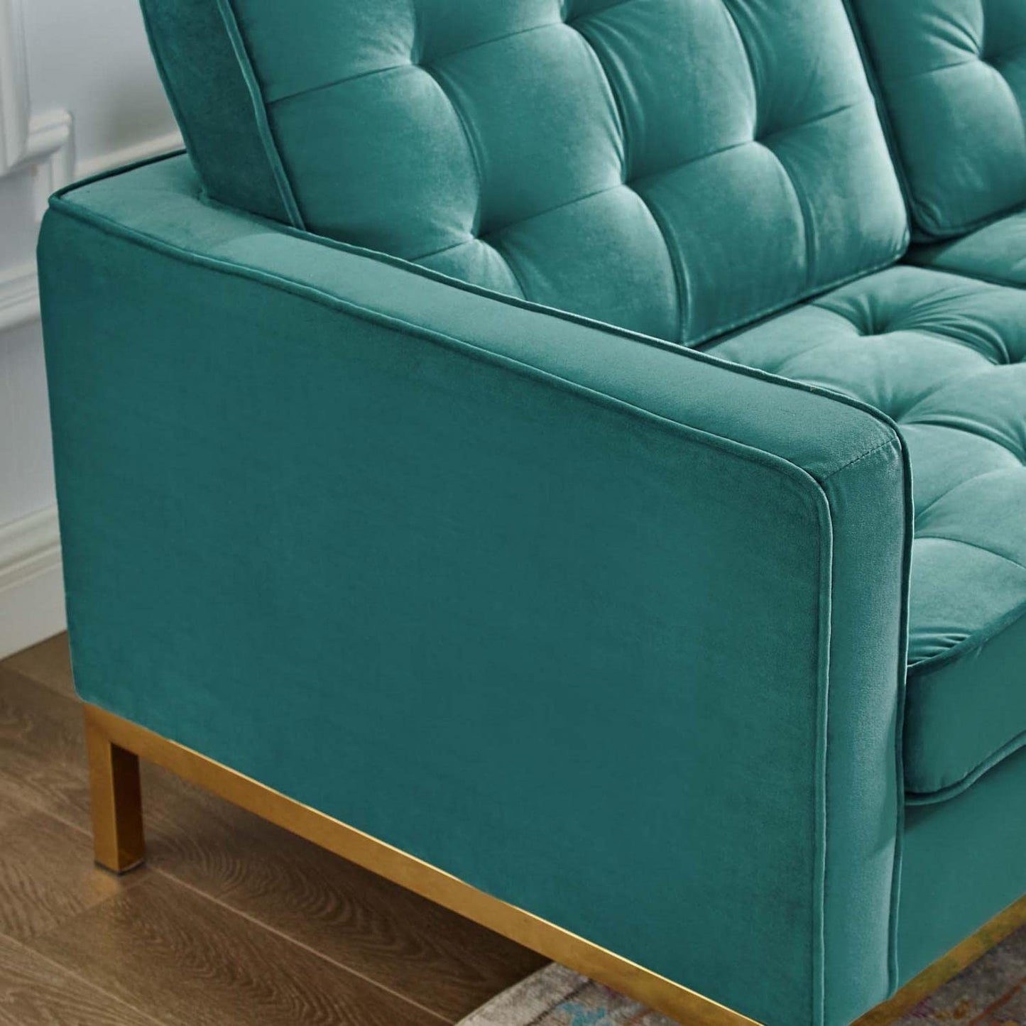 home office desk chairs | CasaFoyer Loft Button Tufted Performance Velvet Loveseat | Retro Modern Design | Gold Teal | casafoyer.myshopify.com